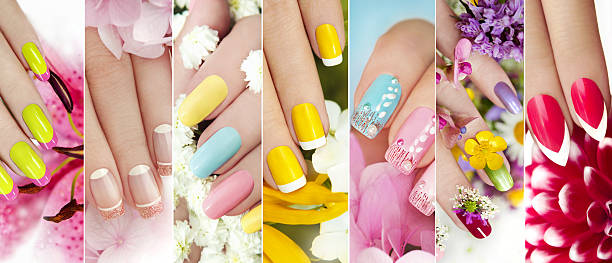 A collage of colorful summer manicure on female hand with flowers