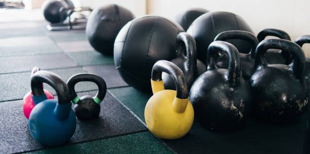 Kettlebell and medicine ball in the gym Equipment for functional training