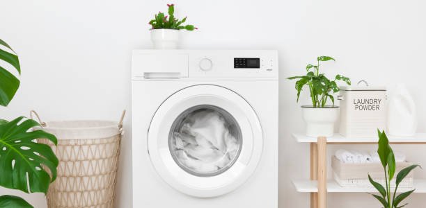 Close-up of rustic laundry room interior with washing machine