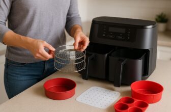A person placing a round metal rack into a generic dual-drawer air fryer on a kitchen counter, with red silicone accessories and parchment liners laid out beside it.