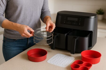 A person placing a round metal rack into a generic dual-drawer air fryer on a kitchen counter, with red silicone accessories and parchment liners laid out beside it.