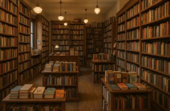 A warm, vintage-style bookshop interior with wooden shelves filled with books and soft hanging lights.