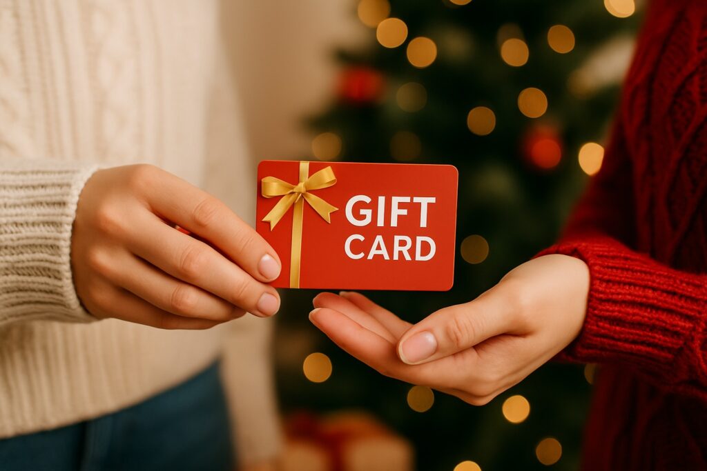 A person handing a red gift card with a gold ribbon to another person in front of a softly lit Christmas tree.