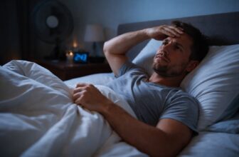Man lying on his back under a duvet at night, awake and irritated from overheating and struggling to sleep