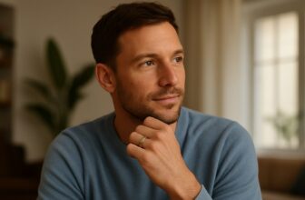 A man sitting indoors wearing a light blue jumper, looking thoughtfully to the side with his hand resting near his chin and an Oura Ring visible on his finger.