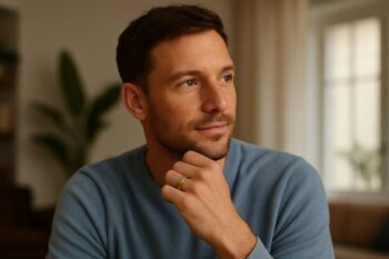 A man sitting indoors wearing a light blue jumper, looking thoughtfully to the side with his hand resting near his chin and an Oura Ring visible on his finger.