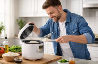 Man serving freshly cooked rice from a compact rice cooker in a home kitchen