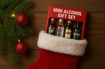A Christmas stocking filled with a boxed mini alcohol gift set, with festive baubles and pine branches on a wooden background.