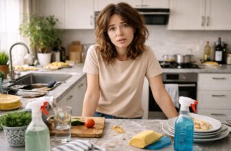 Woman leaning on a kitchen worktop in a slightly messy kitchen, with plates, crumbs, and cleaning products visible, appearing unsure where to begin cleaning.