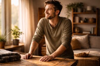 “Smiling person standing in a calm, sunlit home, resting their hands on a wooden table, suggesting comfort, contentment, and living well with long-lasting everyday items.