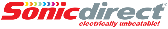 Sonic Direct branding showing the “Electrically Unbeatable” slogan in red with multicolour accent