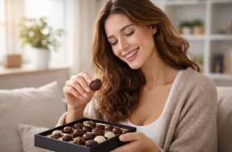 Woman choosing a chocolate from an open box of assorted chocolates at home