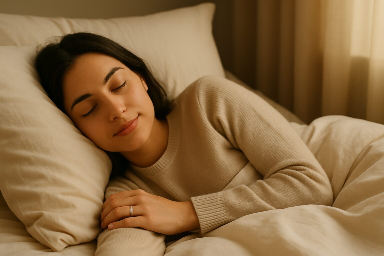 A woman sleeping peacefully on her side in a cosy cream-coloured bed, wearing a beige jumper and a small silver ring on her middle finger, with warm sunlight filtering through curtains.