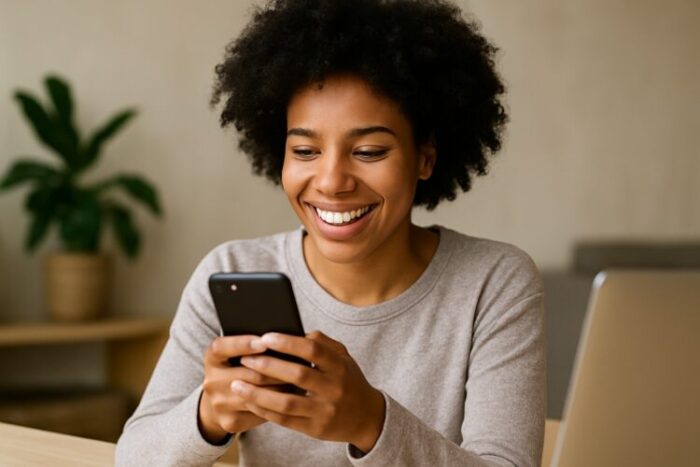 A young woman smiling as she looks at her phone while sitting at a desk, suggesting she has found a great deal or useful low cost item online.
