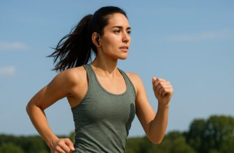 A woman running outdoors wearing wireless sports earphones on a sunny day.