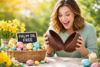 Adult woman excitedly opening a large chocolate Easter egg at a spring table with daffodils and a small sign reading “palm oil free”, surrounded by colourful Easter eggs.