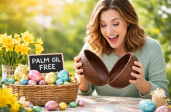 Adult woman excitedly opening a large chocolate Easter egg at a spring table with daffodils and a small sign reading “palm oil free”, surrounded by colourful Easter eggs.