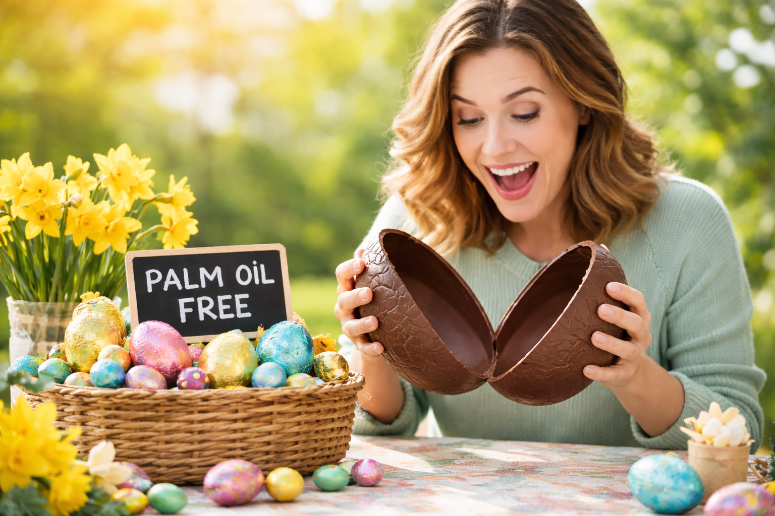 Adult woman excitedly opening a large chocolate Easter egg at a spring table with daffodils and a small sign reading “palm oil free”, surrounded by colourful Easter eggs.