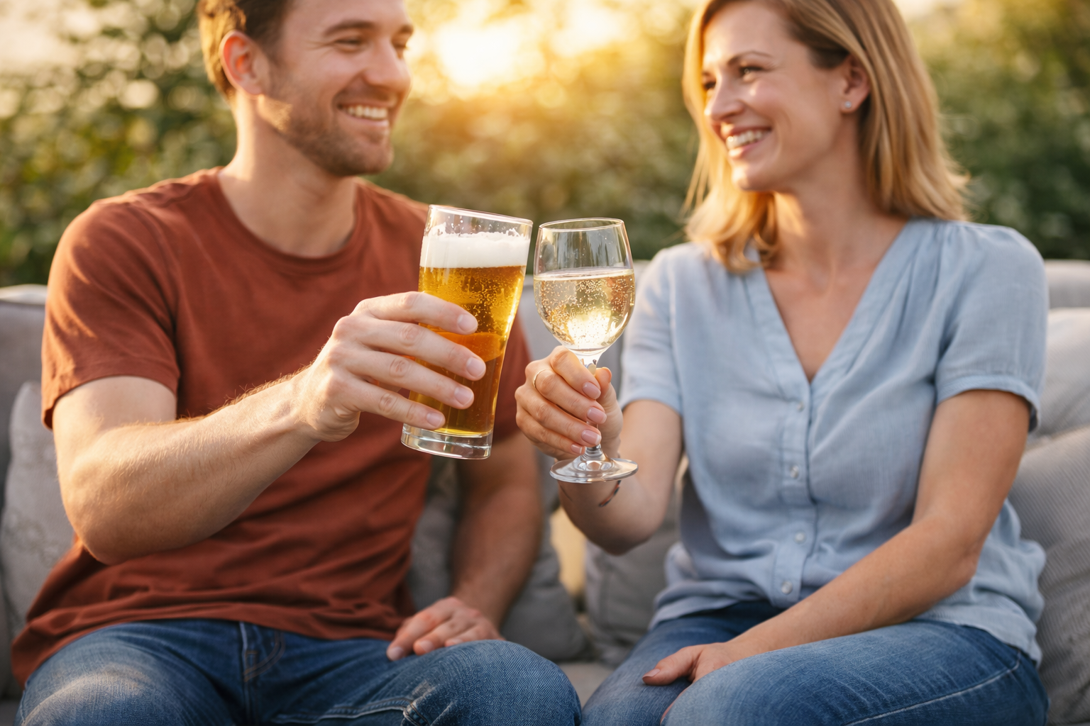 Couple relaxing outdoors clinking a glass of alcohol-free beer and alcohol-free wine during a sunny evening.