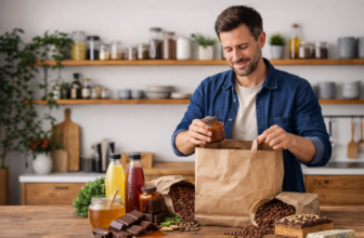 Man unpacking a grocery bag with honey, chocolate, coffee beans and snacks in a bright kitchen