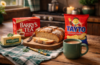Traditional Irish kitchen table with soda bread, Kerrygold butter, Barry’s Tea and Tayto crisps representing an Irish starter pack