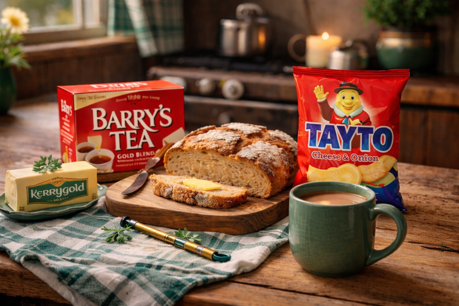 Traditional Irish kitchen table with soda bread, Kerrygold butter, Barry’s Tea and Tayto crisps representing an Irish starter pack