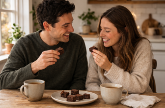 Young couple in their 30s enjoying gluten free chocolate brownies and tea together at a wooden table in a cosy kitchen setting.