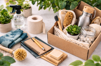 Selection of eco-friendly household products including bamboo toothbrush, reusable cloth bags, natural cleaning brushes, stainless steel bottle, soap bar, and recycled paper notebook arranged in a cardboard box with plants