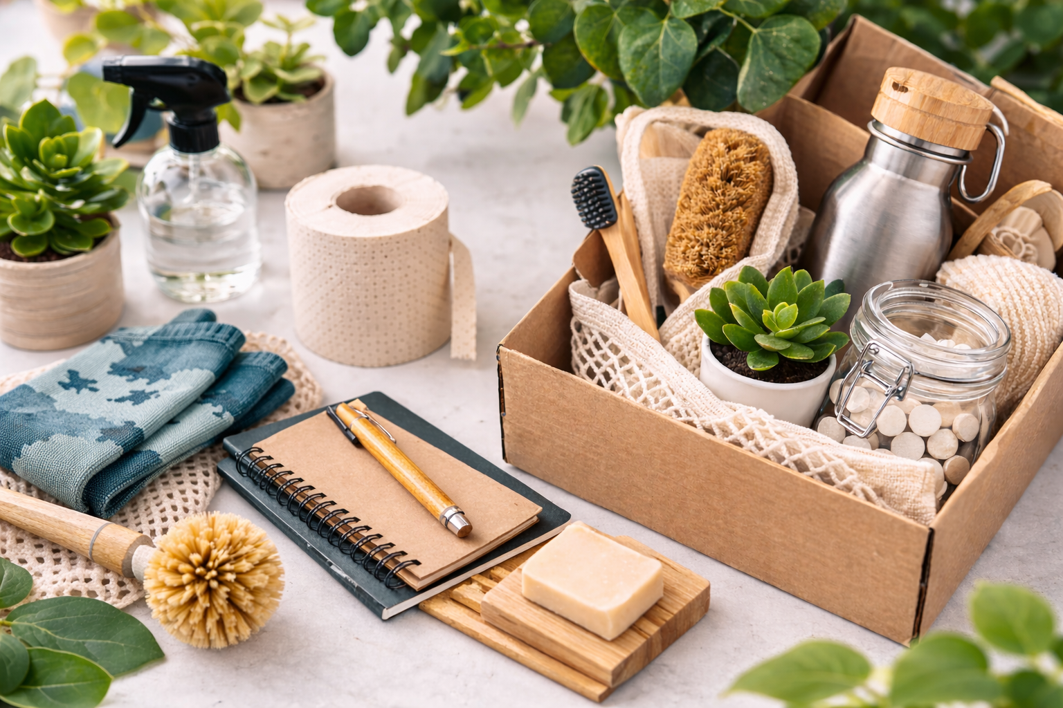 Selection of eco-friendly household products including bamboo toothbrush, reusable cloth bags, natural cleaning brushes, stainless steel bottle, soap bar, and recycled paper notebook arranged in a cardboard box with plants