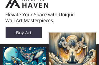 Home Art Haven banner showing modern decorative wall art pieces including a colourful whale illustration and a meditating figure artwork with the text “Elevate Your Space with Unique Wall Art Masterpieces”.