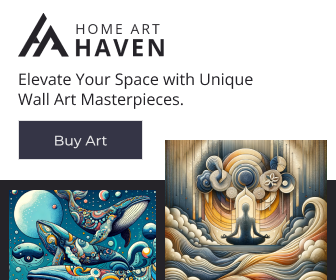 Home Art Haven banner showing modern decorative wall art pieces including a colourful whale illustration and a meditating figure artwork with the text “Elevate Your Space with Unique Wall Art Masterpieces”.