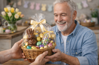 Older man smiling as someone hands him a small wicker Easter chocolate hamper wrapped in clear cellophane, filled with chocolate eggs and a chocolate bunny
