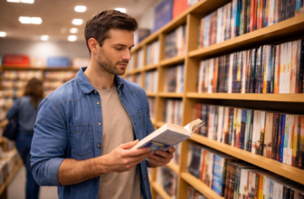 man reading book in front of a bookshop bookshelf