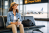 Relaxed woman sitting in an airport departures lounge holding a stainless steel water bottle with a small travel bag beside her and a plane visible outside the window.
