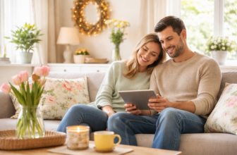 Couple relaxing on a sofa in a softly decorated spring living room with tulips, floral cushions and warm candlelight creating a light seasonal atmosphere.