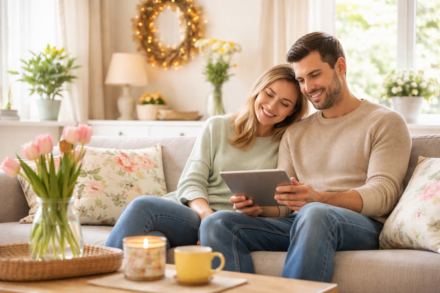 Couple relaxing on a sofa in a softly decorated spring living room with tulips, floral cushions and warm candlelight creating a light seasonal atmosphere.