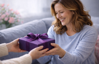 Smiling woman sitting on a sofa receiving a wrapped purple gift box from someone, representing a thoughtful Mother’s Day gift moment.